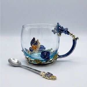 Artisan Blue Glass Mug with Butterfly and Rose Details